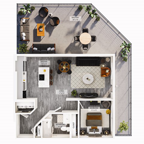 Floor plan for 1 bed, 1 bath, 755 sqft